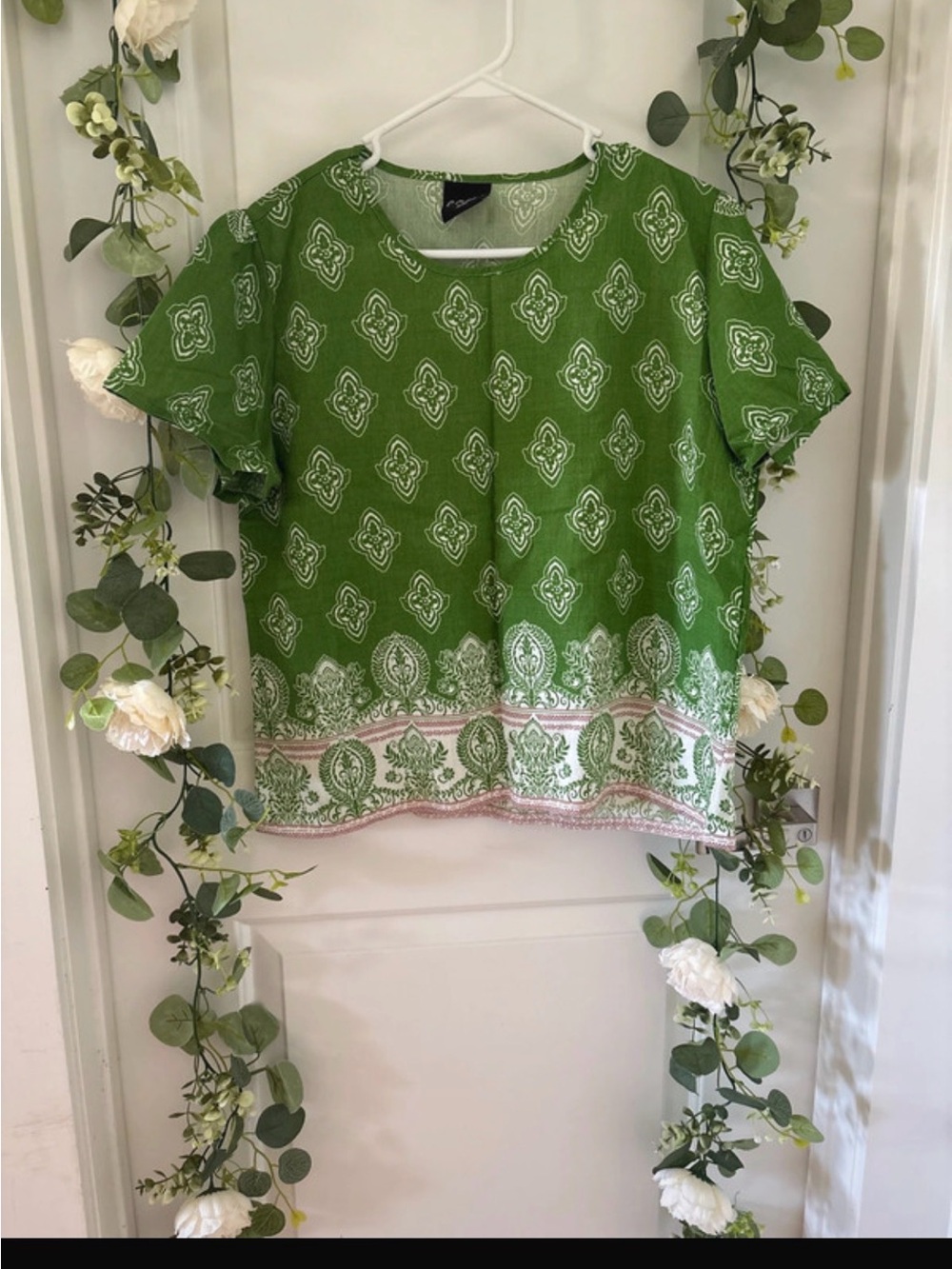 Green Printed Short Sleeve Women's Top